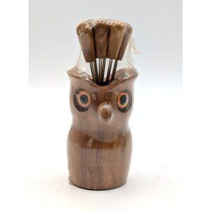 Vintage Wooden Owl Cocktail Food Pick 7 Pc Set New Sealed Made in Spain